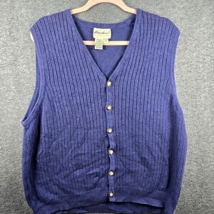 Vintage Eddie Bauer Sweater Vest Men L Blue Button Down Sleeveless Knit‎